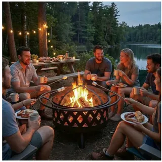 TLGREEN Feuerschale 76cm/80cm BBQ Feuerkorb Garten mit Grillrost, (2-in-1 Feuerschale Outdoor aus Stahl, Inkl. Funkenschutz & Zubehör), Tragbar für Camping, Terrasse, Gartenparty & Lagerfeuer 76 cm