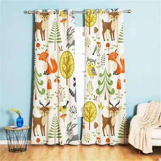 Koudi Blickdichte Vorhänge Kinderzimmer Tiere Hase Fuchs Bäume Muster Gardinen mit Ösen für Mädchenzimmer, Kinderzimmer, Babyzimmer 160 × 132cm (H × B)
