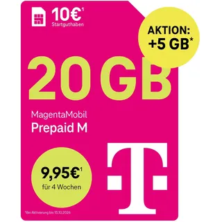 Telekom MagentaMobil Prepaid M 25GB*+Allnet Flat, unverbr. GB weiternutzen | 5G/LTE Max | 10 EUR Startguthaben | EU Roaming & Hotspot Flat | unverbrauchtes Datenvolumen im nächsten Monat weiternutzen