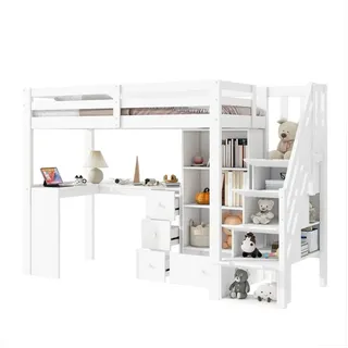 HAUSS SPOLE Hochbett 90x200cm mit Schreibtisch, Schubladen, Offener Stauschrank Weiß (Hochbett 90x200 cm mit Schreibtisch, Schubladen & Stauraum., Hochbett 90x200 cm) ohne Matratze