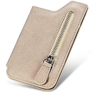 Ephoou Handy-Brieftasche, zum Aufkleben, PU-Leder, Kartenhalter mit Reißverschluss, Münzfach, Magnetverschluss, Kredit-/Ausweishülle für iPhone/Samsung und die meisten Smartphones, Schwarz, Khaki,