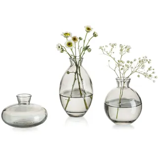 Kleine Vasen Für Tischdeko Vintage Handmade, 3 Teilig Mini Vase Glas Grau Blumenvase Modern Set Verschiedene Groessen Schlanke Hydroponic Glasvase Fuer Blumen Deko Hochzeit Tisch Wohnzimmer Couchtisch