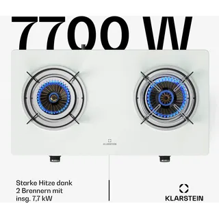 Klarstein Barzona Gaskochfeld, 2-Brenner Edelstahl & Glas, 7,7kW, Tragbarer Campingkocher mit Piezo-Zündung | Flammenausfallsicherung, Kompaktes und Tragbares Design, Weiß