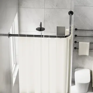 Onpira® Eck-Duschvorhangstange Teleskop L-Form 90–180 cm – Edelstahl, selbstklebend oder schraubbar – Ohne Bohren – In Silber, Schwarz, Weiß – 12 Varianten wählbar (Selbstklebend Schwarz, 90x90cm)