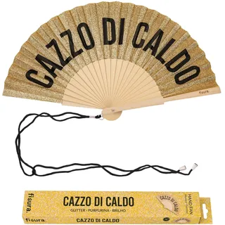 Fisura – Handfächer aus Holz „c*zzo di Caldo“, moderner Fächer mit goldenem Glitzerdesign, leicht und faltbar, mit Aufhängeschlaufe, originelles Accessoire, Geschenkidee, 42,5 x 23 cm
