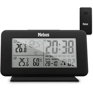 Digitale Funk-Wetterstation 40689 mit Außensensor, Thermometer innen und aussen, batteriebetriebene Funkstation und -sender, Schwarz