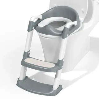 COOSEYA Toilettensitz Kinder, Toilettensitze für Jungen Mädchen, Kinder Toilettensitz mit Treppe,WC Sitz Kind Zusammenklappbar Rutschfest Spritzschutz Weiche Polsterung Sicherheitsgriffe (Grau)