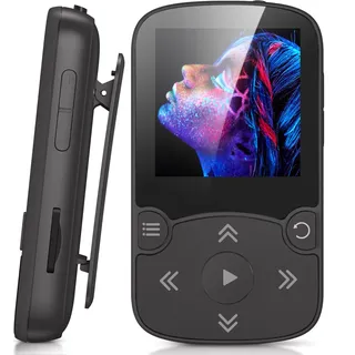 AGPTEK MP3 Player Bluetooth 5.3 Sport 64GB mit 1,5 Zoll TFT Farbbildschirm | Mini Musik Player mit Clip, Unterstützt bis 128GB TF Karte, mit unabhängiger Lautstärketaste, Schwarz