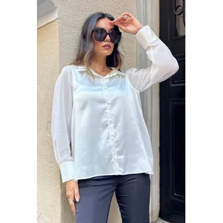 For You Moda Businesshemd Weißes Satinhemd mit Chiffon-Detail M