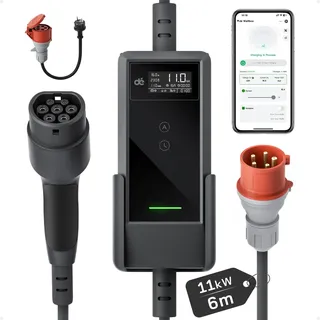 dé Mobile Wallbox – Ladestation 11kW mit APP 6m [1,5m+4,5m, 13-phasig, 6-16A] Ladekabel CEE 16A auf Typ 2 mit Einstellbarer Ladeleistung EV Charger Wallbox 11kw für Model Y/3 e-tron und BEV/PHEV