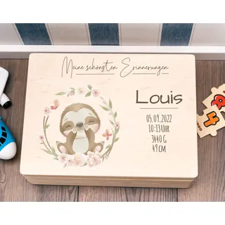 Hochzeitideal - Personalisierte Erinnerungskiste | Holzkiste New Born Faultier | Aufbewahrungskiste | Geschenk Geburt | Erinnerungsbox Baby Taufe | Holzkiste für Kinder (M (30x20x14), Junge)