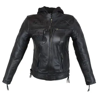 EURO STARS Damen Biker Lederjacke Schwarz mit Kapuze und Protektoren, Damen Motorradjacke, Damen Bikerjacke, Damen Lederjacke, Damen Jacke (XL, Black)