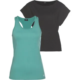 H.I.S. Trainingsshirt H.I.S "2-tlg. Shirt & Top", Damen, Gr. 38, bunt (schwarz, türkis), Obermaterial: 60% Baumwolle, 40% Polyester. Top: 95% Polyester, 5% Elasthan, bequem hüftlang, Rundhals, Shirts, Kurzarm, bequeme Passform, sportlich, atmungsaktives Material