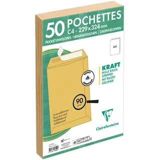 Clairefontaine 5750C - Packung mit 50 Versandtaschen mit Rillen Kraftbraun C4-229x324 mm, selbstklebend, 90g, 1 Pack