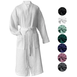 heimtexland Bademantel Reisebademantel Saunamantel Waffelpique Bademantel, Midilänge, Baumwolle, 2 Taschen I Bindegürtel, Gürtel, leicht I atmungsaktiv I kleines Packmaß I 100% Baumwolle weiß XXL