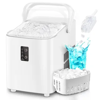 FOHERE Eiswürfelmaschine, Eiswürfel in 5 Minuten, 14KG in 24 Stunden, Selbstreinigender Mini Eiswürfelbereiter, 2 Eiswürfel Größen für Küche, Büro, Bar und Party, Leicht zu Tragender Griff, Weiß