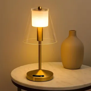 OUTON Akku Tischlampe kabellos, LED Tischleuchte Gold, Touch dimmbar mit 3 Farbtemperaturen 3000K/4000K/6000K, 4000mAh, USB-C-Aufladung, Powerbank-Funktion mit USB-A-Ausgang, IP54