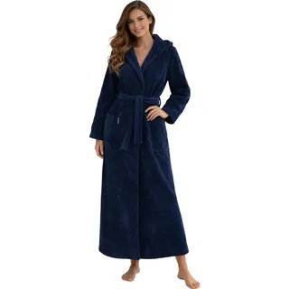 Morgenstern Bademantel Damen Extralang mit Kapuze Frottee Velours Luxus Morgenmantel Dunkelblau L - L Tall