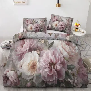 Rosa Rosen Bettwäsche 135x200 2teilig, Aesthetic Blumen Blüten Bettwäsche-Set 135x200 cm, Mikrofaser 1 Wende Bettbezüge 135x200 mit 1 Kissenbezug 80x80cm und Reißverschluss, Weich & Bügelfrei