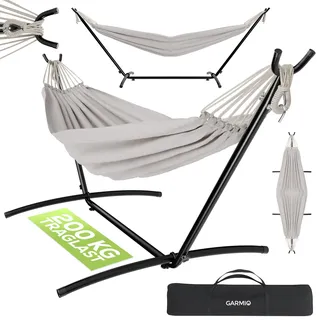 garmio GARMIO® Hängematte beige Stahlgestell 270 x 110 x 105 cm, 200 kg Tragkraft, klappbar, pflegeleicht, inkl. Zubehör & Tragetasche