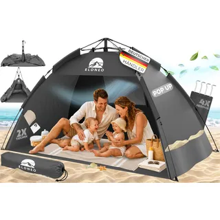 eloneo Pop Up Strandmuschel UV Schutz 80+, Leichter Aufbau und kleines Packmaß inkl. Tragetasche, Strand Sonnenschutz & Windschutz für Babys und Erwachsene, Grau, 190x100x110 cm