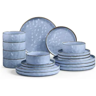 Joyfair Geschirrset 6 Personen, 18-tlg Steingut Geschirr Set, Reaktive Glasur Tafelservice Set mit Speiseteller, Dessertteller und Müslischalen, Mikrowellen- & Spülmaschinenfest, Gelassenheit Blau