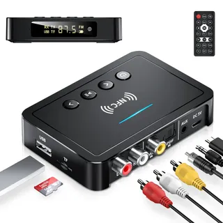 3-in-1 Bluetooth 5.0 Audio Adapter Sender für TV PC Stereoanlage, Bluetooth Aux Adapter mit Fernbedienung, HiFi FM Transmitter Reciever Empfänger kompatibel, BT Verstärker und Autoradio