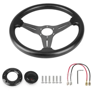 XUCZHAI Lenkrad 350mm 14 Zoll Racing PU Leder Lenkrad Aluminium Spiel Sport Driften Lenkräder Horn Universal Auto FüR Rennen Motorsport Auto(Black)