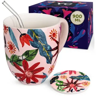 Yang Chai Becher 900ml, große Teetasse - Jumbotasse Geschenkset mit Untersetzer, Pozellan, Kaffeetasse, Riesentasse, Jumbo Tasse