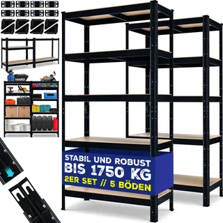 Masko MASKO® 2er-Set Lagerregal Schwerlastregal, Kellerregal , bis 875 kg belastbar, 5 verstellbare Ablagen, MDF-Platten Regal aus Metall, Steckregal, Werkstattregal, Keller, Garage