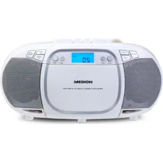 Medion E66476 Stereo Sound System (Boombox, CD-Player, MP3, Kassette, tragbarer Kassettenspieler für Kinder, UKW Radio, AUX, Kopfhörer, Netz & Batterie) weiß
