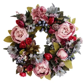 Künstlicher Türkranz Dekoration,35cm Künstliche Pfingstrose Hortensie Blume Haustürkranz, Pfingstrose Kranz, Kunstblumen, Türkranz für Frühling und Sommer, alle Jahreszeiten-Künstlicher dekorativer