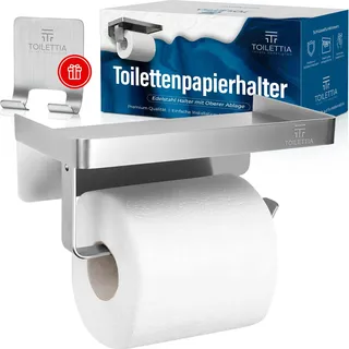 TOILETTIA Toilettenpapierhalter ohne Bohren mit Ablage, Montage mit/ohne Bohren, sichere Ränder für Wertgegenstände – Langlebiger und rostbeständiger SUS304 Edelstahl Klopapierhalter ohne Bohren