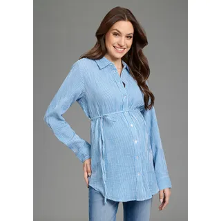 NEUN MONATE Umstandsshirt NEUN MONATE "Umstands-Bluse, Streifenbluse", Damen, Gr. 44, blau gestreift, Web, Obermaterial: 100% Baumwolle, gestreift, Po-bedeckend, 2-Knopf-Manschette, Shirts Umstandsshirt, mit Blusenkragen, mit Bindebändern, mit Knopfleiste, langärmlig