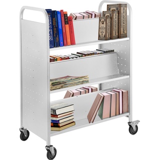 Vevor Bücherwagen, Bibliothekswagen, 200 lbs, doppelseitige, W-förmige, geneigte Regale, weiß