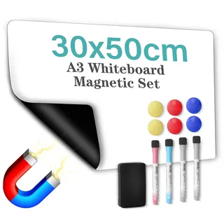 A3 Magnetisch Whiteboard Kühlschrank 30x50 cm, WECUTE Magnetischer Wochenplaner Magnetfolie, Abwischbar Magnetisches Magnettafel für Familie mit Markers & Whiteboard Schwamm & Magnetes