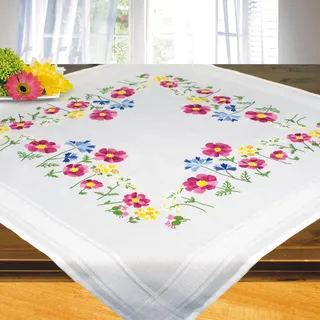 KAMACA Stickpackung Tischdecke Spannstich Blumen vorgedruckte Stickdecke inkl. Stickgarn Stickvorlage und Anleitung Stickset zum Selbersticken für Erwachsene (Blumenwiese 80x80 cm)
