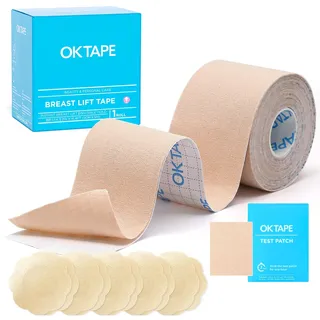 OK TAPE Klebe-BH Push Up Große Brüste Rückenfreier Trägerloser BH Push Up Kleid BH-Tape mit 5 Paar Brustwarzenpasten, Unsichtbares BH-Tape, 5 cm x 5 m, Rosa - 5cm x 5m