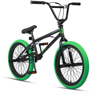 AVASTA Hesper 20 Zoll Kinderfahrrad Freestyle BMX mit 4 Pegs Fahrräder für 6 7 8 9 10 11 12 13 14 Jahre alte Jungen und Anfänger, Schwarz mit Grünen Reifen