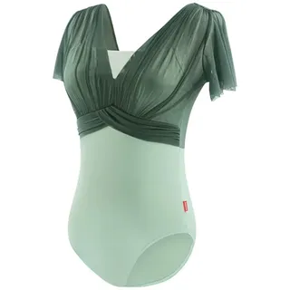 WTAXBH Ballett Trikot Aamen Frau Ballett Trikots Gymnastik Trikots Gefälschte Zwei-Stücke V Zurück Kurze Ärmel Tanz Trikot Badeanzug Erwachsene Ballett Body(Green,XL Height 170-175cm)