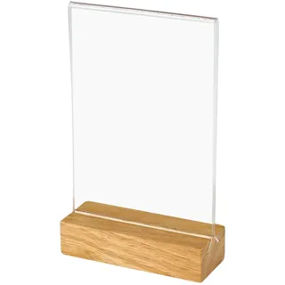 HMF Acryl Tischaufsteller im DIN A6 Hochformat, Tischkartenhalter mit Holzfuß aus Eiche, T-Aufsteller
