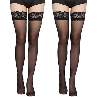 LEOEASIY Halterlose Strümpfe 2 Paar für Damen, Sexy mit Rutschfestem Silicone für Valentinstag, Halloween, Themenpartys (Schwarz) - Einheitsgröße