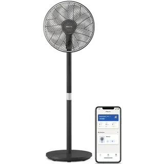 PHILIPS Standventilator Smart 3000 Serie, Schwarz, 2.562 m3/h Airflow | 125 cm, SilentWings-Techn. mit 19-46 dB(A), App, Timer, Neigung 30°, Oszillation 90°, gleichmäßige Luftumwälzung (CX3550/01)