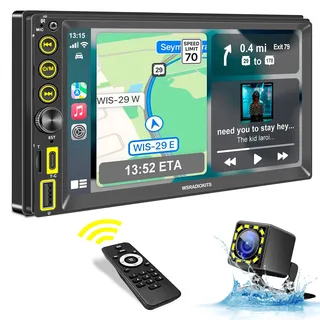 WSRADIOKITS 7-Zoll Digital Media-Receiver, Doppel Din Radio mit Bildschirm,CarPlay&Android Auto,Mirror Link,12 Lights Wasserdicht Rückfahrkamera,FM/AM/Phone GPS Navi,Schnell-Ladung,SWC,Autoradio 2 din