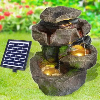 Solar Gartenbrunnen Brunnen Zierbrunnen Zimmerbrunnen Springbrunnen Brunnen mit LED-Licht und Li-Ion-Akku Wasserfall Wasserspiel (Solar Gartenbrunnen Stein-Kaskade SCHWARZWALD)