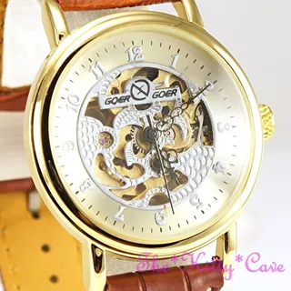 Traditionell Gold Mechanisch Aufziehen Hohl Skelett Steampunk Helbraun Leder Uhr