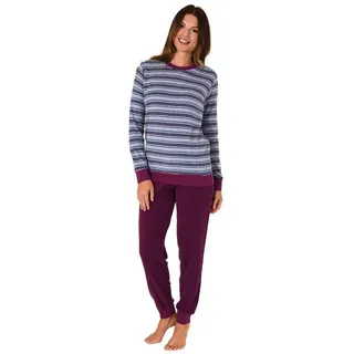 RELAX by Normann Damen Frottee Pyjama lang, Schlafanzug mit Bündchen und modischen Ringeln - 59892, Farbe:lila, Größe2:48/50 - 48