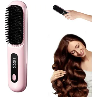 Stylingbürste Für Kurze Haare, Go Brush Pro - Glättbürste Kabellos - Tragbar & Wiederaufladbar Styling Bürste für Reisen und Täglichen Gebrauch, Haarschonendes & Langlebiges Design (Rosa)