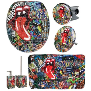 Sanilo Badaccessoire-Set 6-teilig Graffiti, WC-Sitz mit Absenkautomatik, Badteppich 70 x 110 cm, Waschbeckenstöpsel, Badewannenstöpsel, Seifenspender, WC-Bürste, 6 tlg., hochwertig & modern, universell, leichte Montage rot