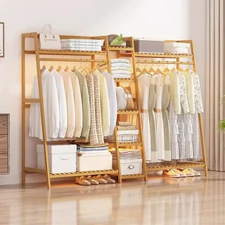 angrounps Schwerlast Kleiderständer aus Bambus, 3 in 1 Freistehender Garderobenständer bis 100kg Belastbar, mit 9 Regal und 2 Kleiderstange, Wohnzimmer Flur 160x40x140cm